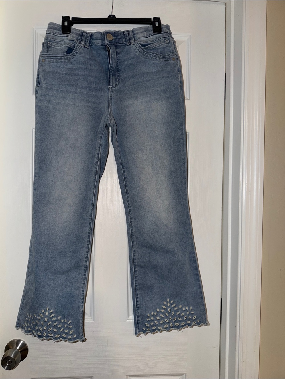 Democracy Light Blue Wide Leg Jeans with Scalloped Cutout Hem